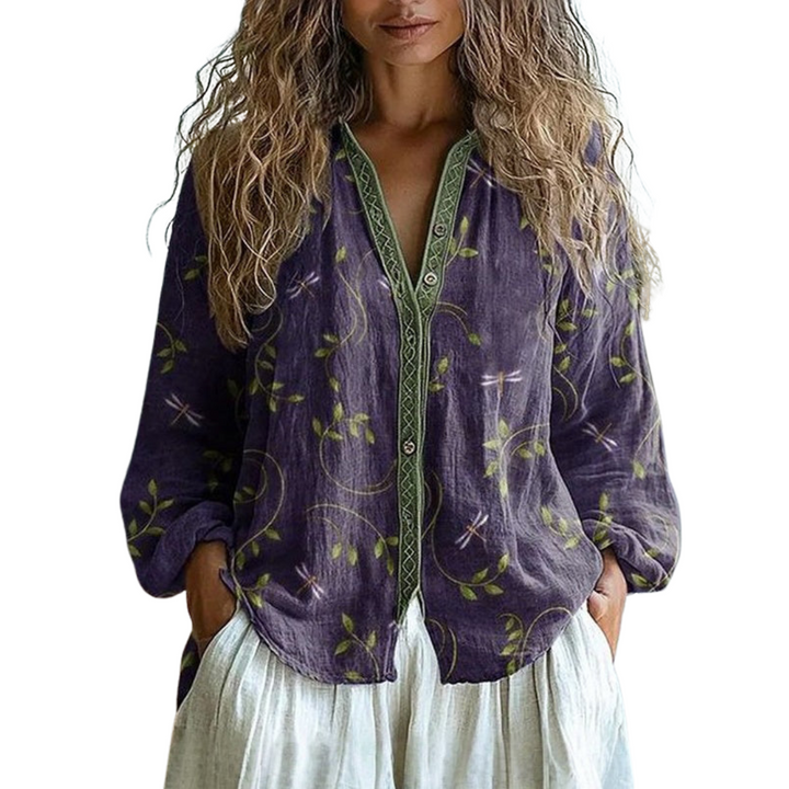 Linda - Vintage Leaf Print Blouse