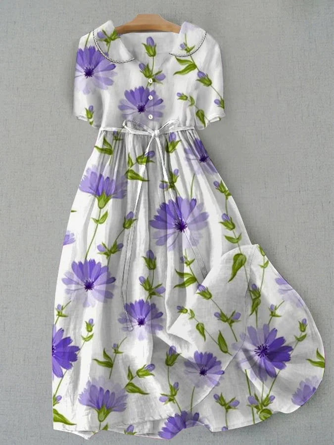 Adele® - Vintage Floral Dress with Waist Ties and Half Sleeves
