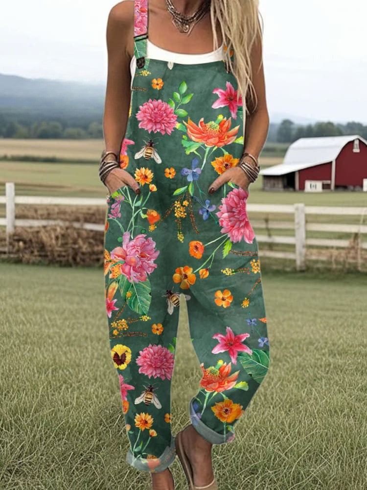 Women's Jumpsuit - Vintage Floral Design, Comfort and Wide Leg Style