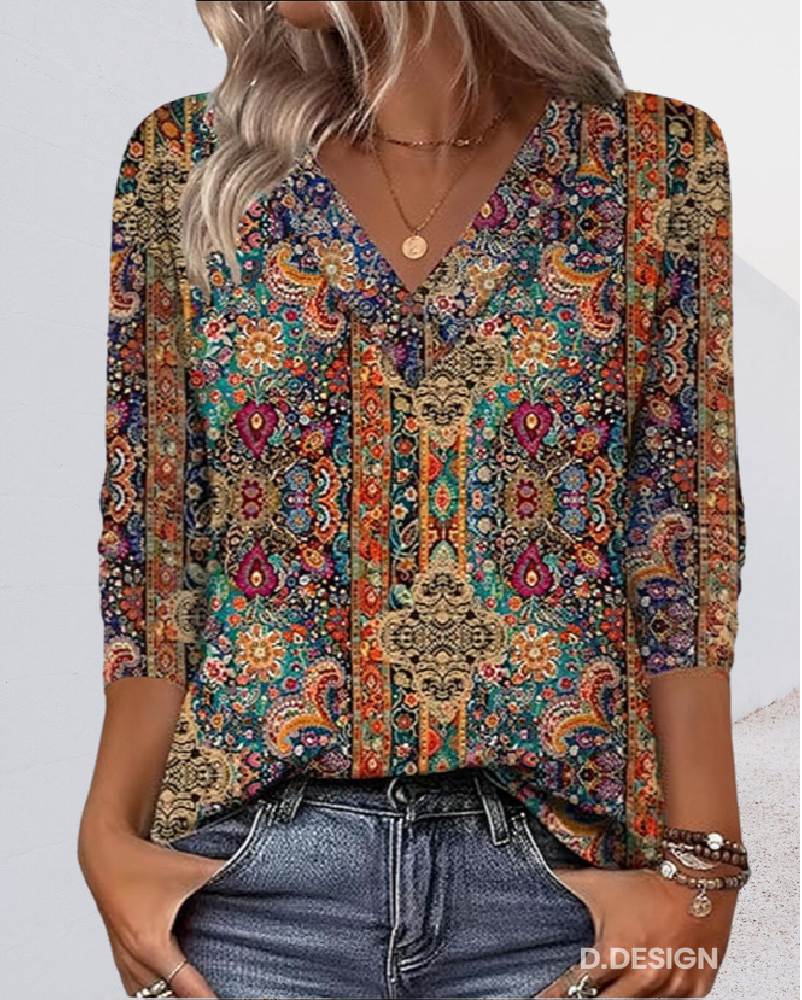 Clara | Retro Printed Blouse V-Neck