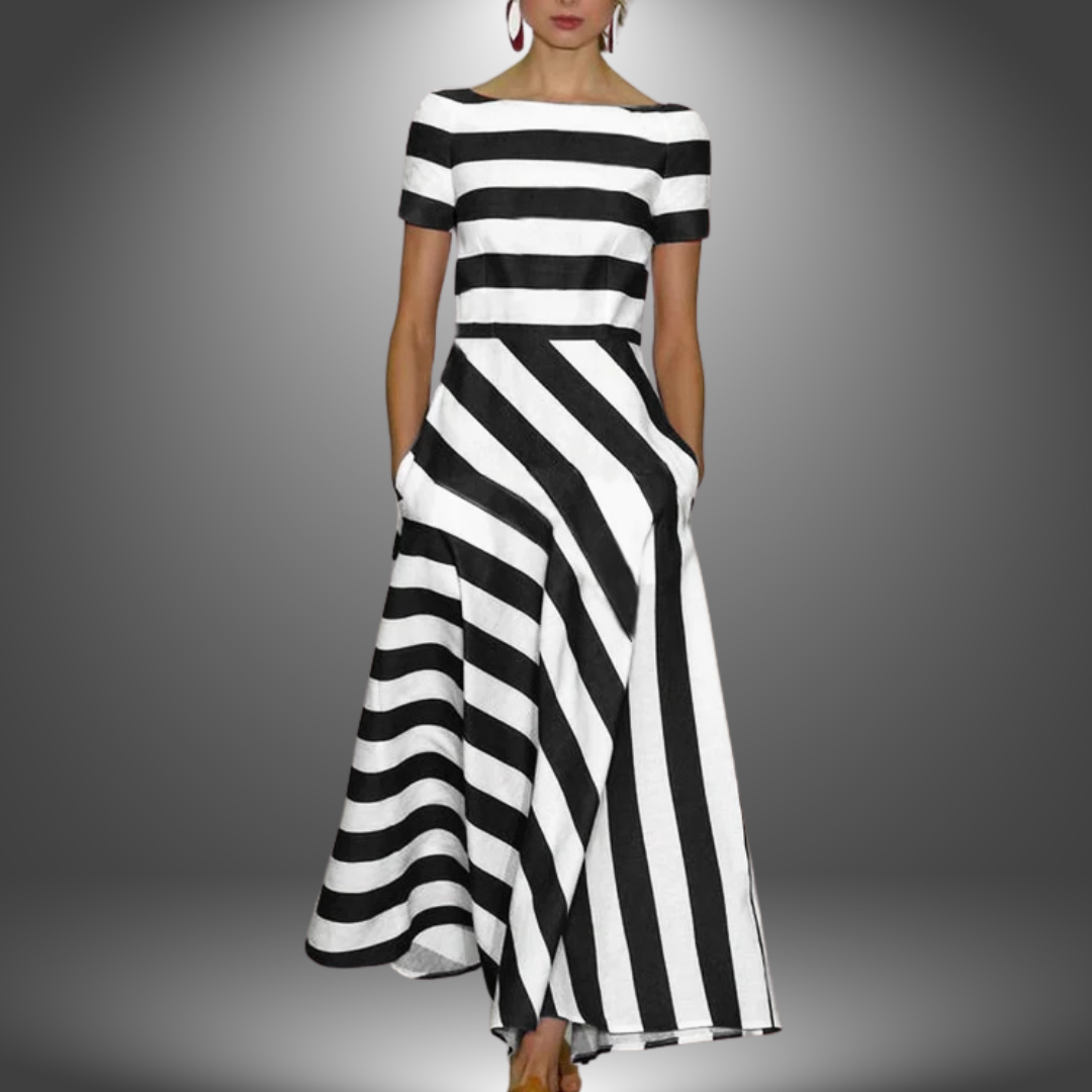 Florence - Elegant Short-Sleeved Striped Pocket Dress