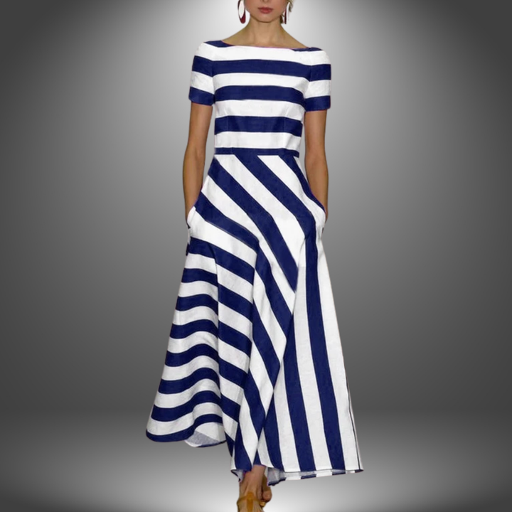 Florence - Elegant Short-Sleeved Striped Pocket Dress