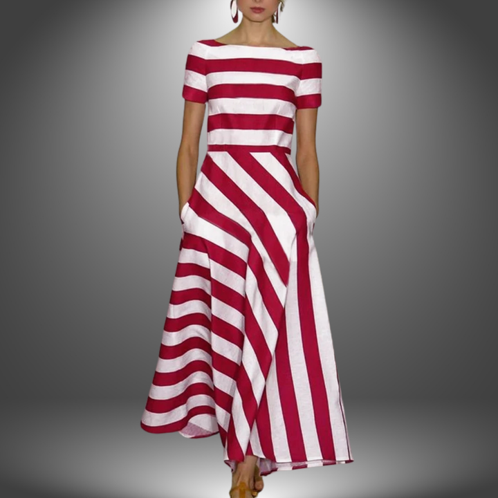 Florence - Elegant Short-Sleeved Striped Pocket Dress