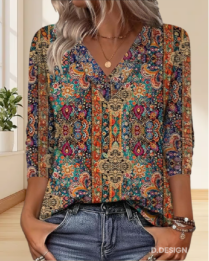 Clara | Retro Printed Blouse V-Neck
