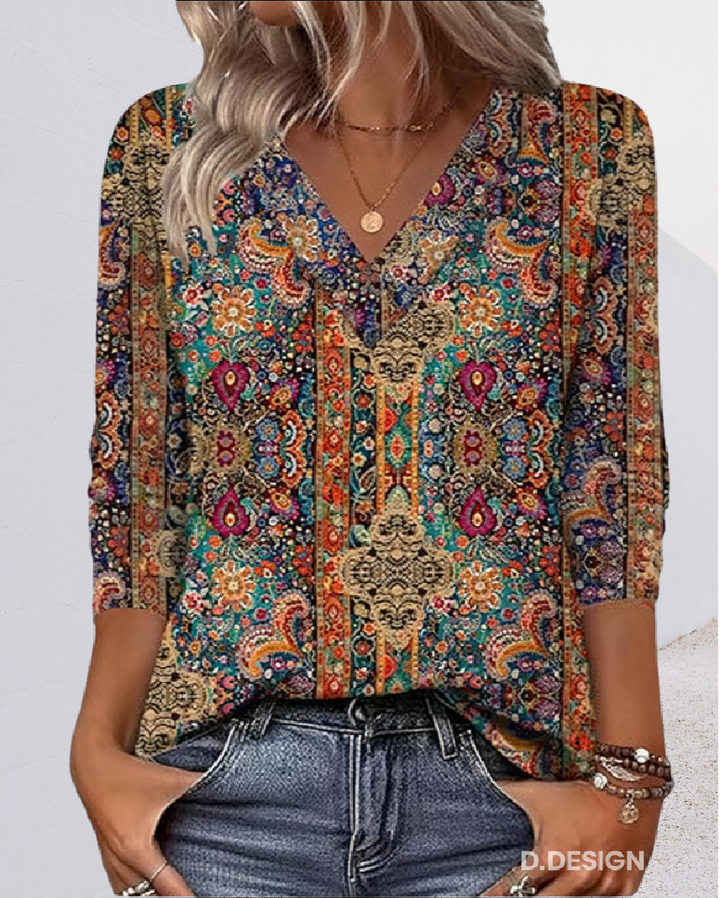 Clara | Retro Printed Blouse V-Neck