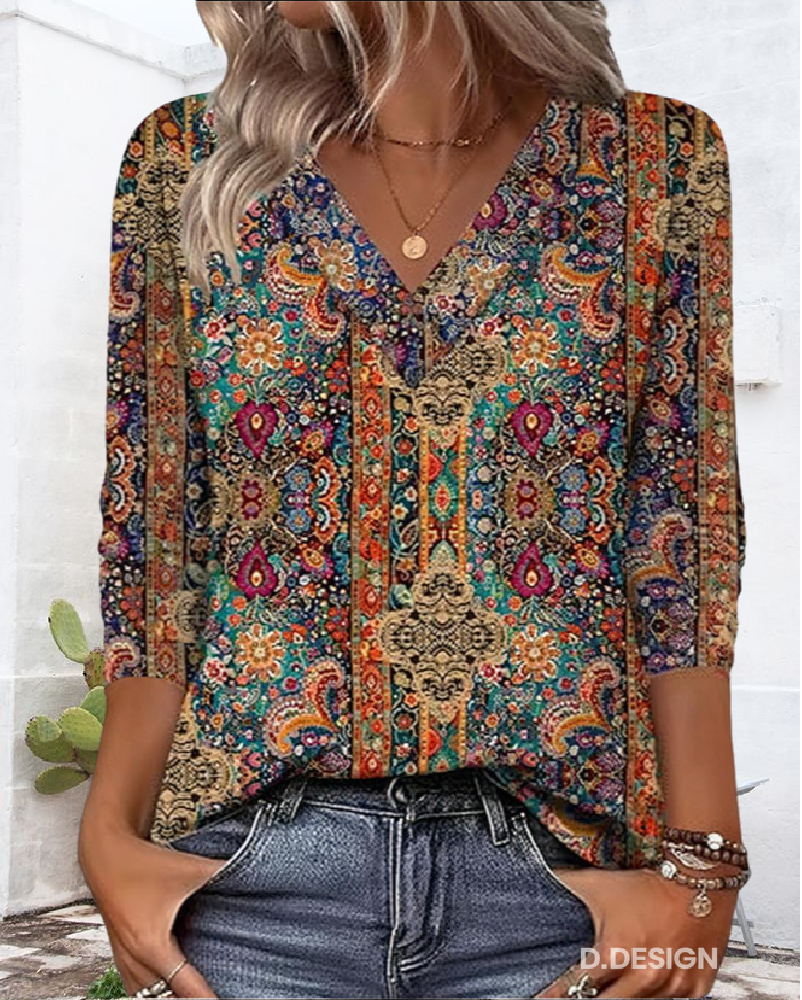 Clara | Retro Printed Blouse V-Neck
